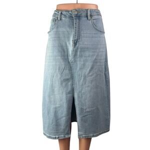 OAT Blue Light Wash High Waisted Split A Line Midi Denim Jean Skirt Size 10/30